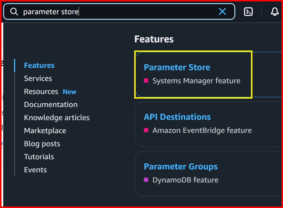 Picture showing the parameter store service in search result